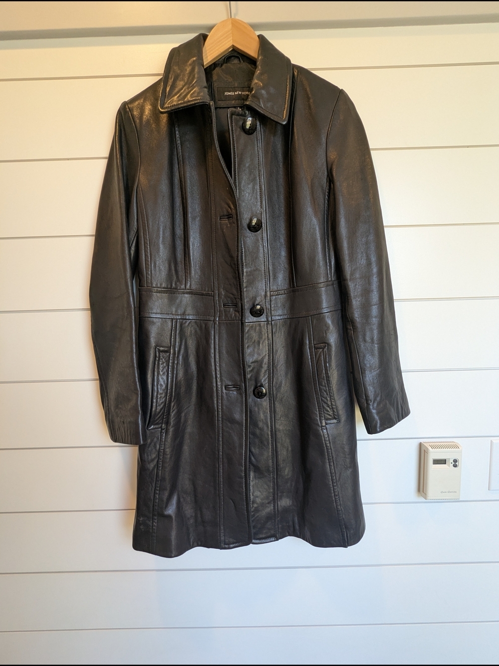 Jones New York Black Leather Button Front Coat Small Timeless Luxury Trench